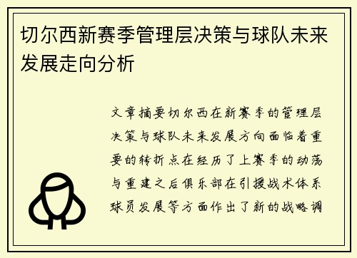 切尔西新赛季管理层决策与球队未来发展走向分析