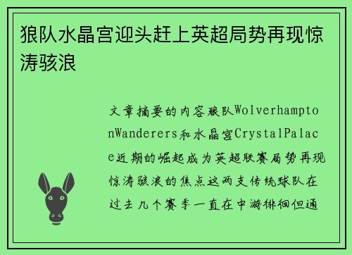 狼队水晶宫迎头赶上英超局势再现惊涛骇浪